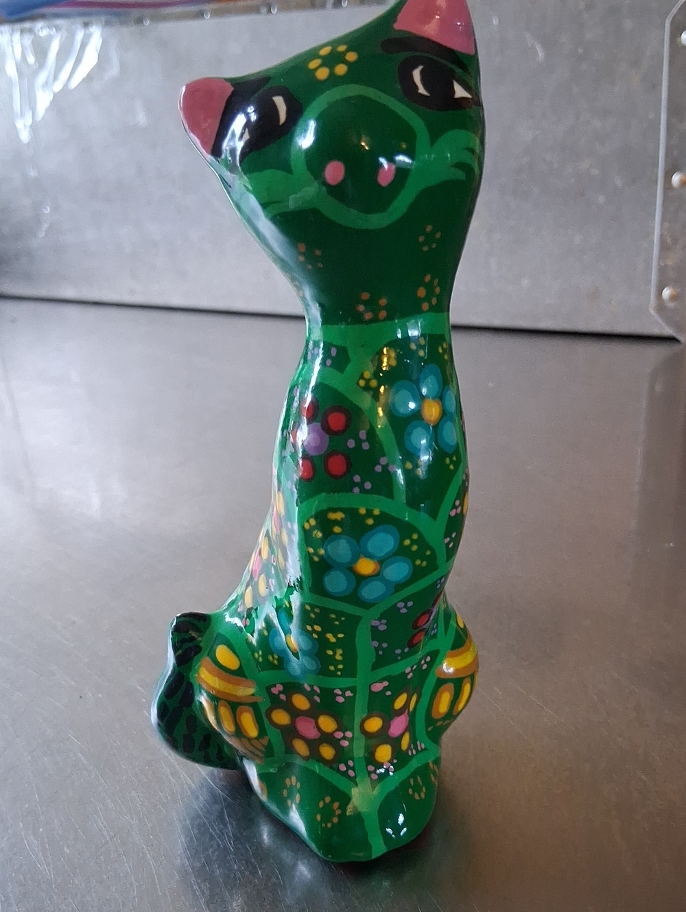 Hand-Painted Green Decorative Cat Figurine Mexico 6 Inches